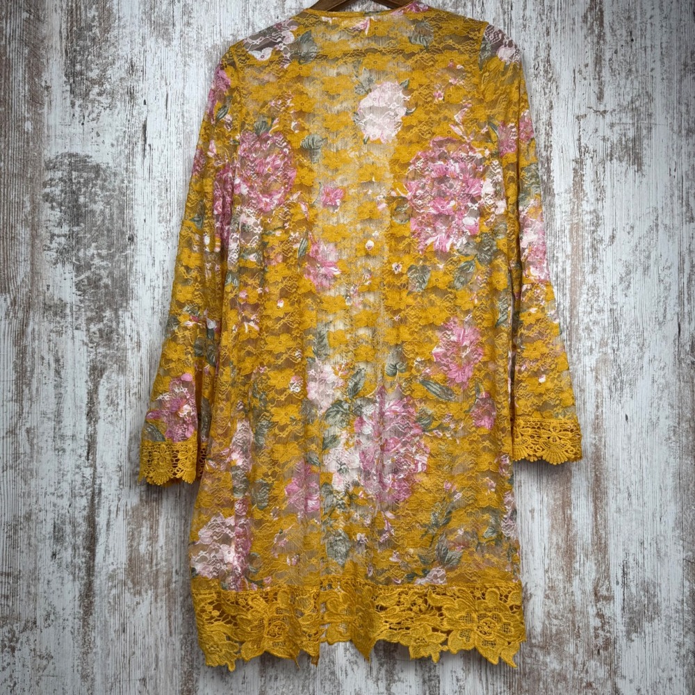 Jolie & Joy Floral Lace Kimono Cardigan Yellow Pink Bell Sleeve Large Feminine - Picture 2 of 12